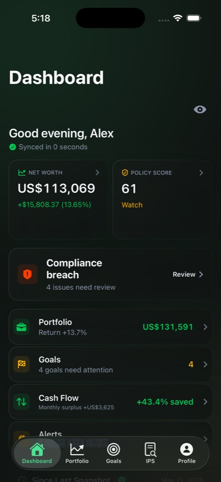 Aerarium Portfolio dashboard showing private portfolio monitoring, policy score, and account overview.