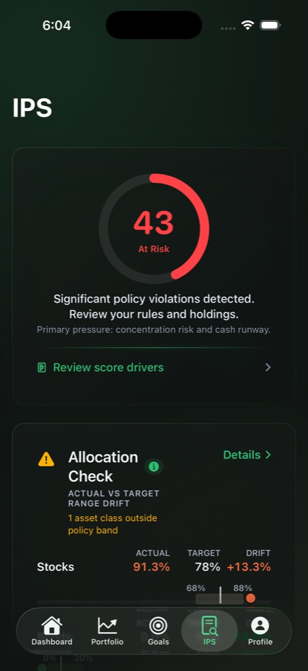 Aerarium Investment Policy Statement view showing a policy score and allocation checks against your plan.