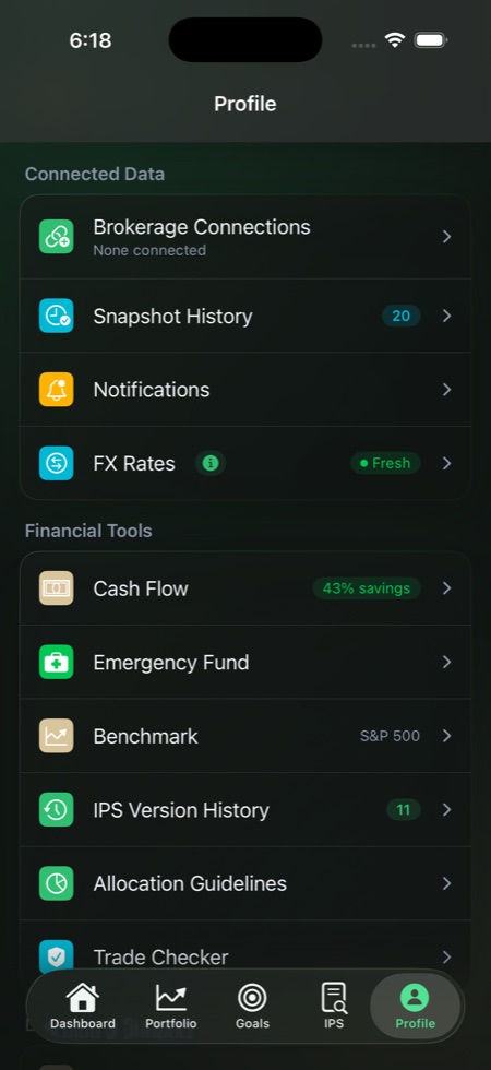 Aerarium profile settings showing security, encryption, and account-control surfaces.