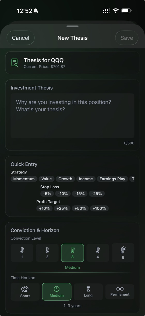 Aerarium thesis check-in view showing an investment thesis and its review workflow.