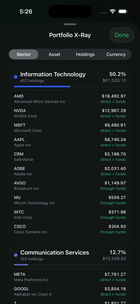 Aerarium Portfolio X-Ray holdings view showing direct stock exposure and exposure held through funds.